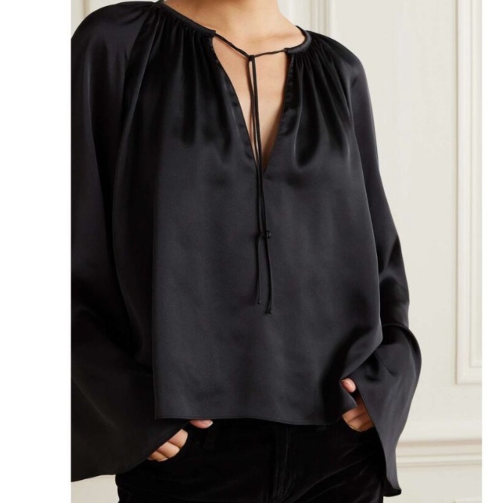 FRAME Gathered Satin Blouse in Elegant Black Silk